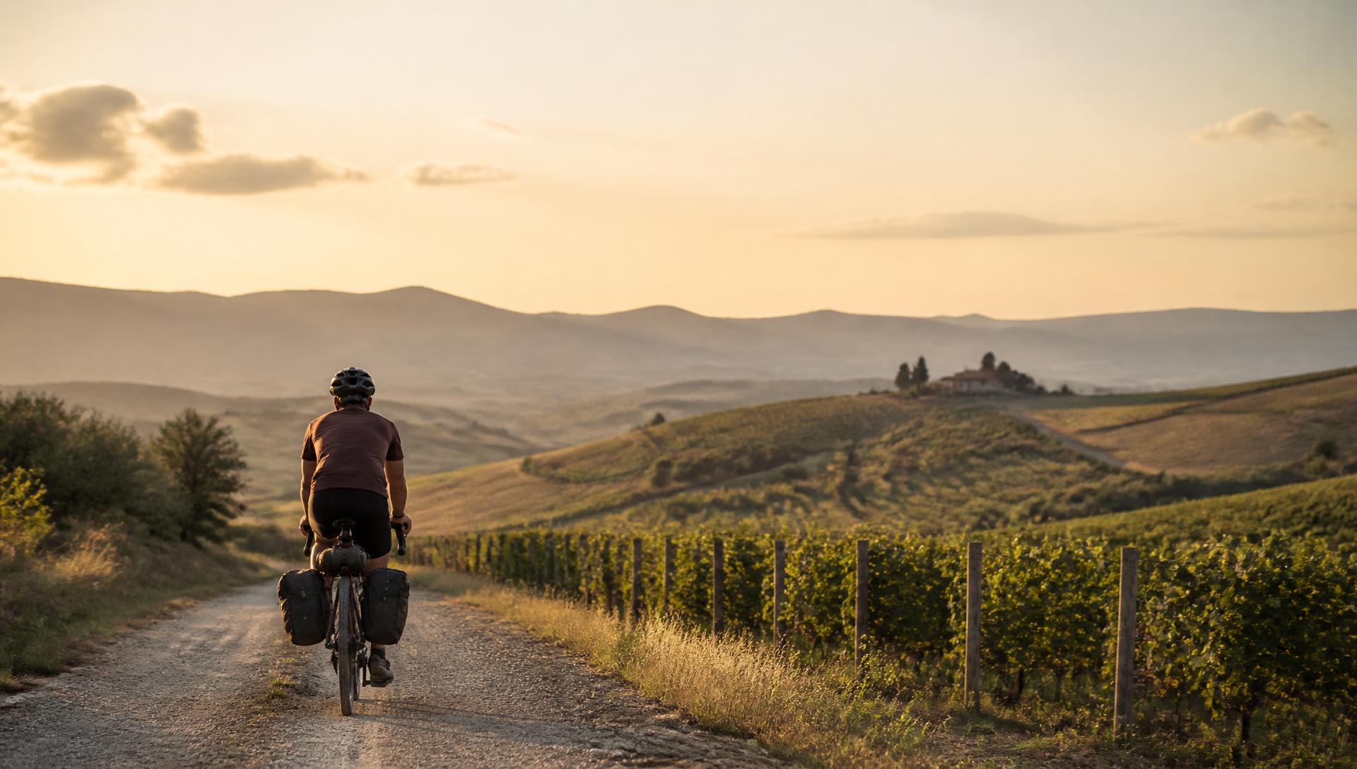 Cicloturismo en viñedos al atardecer