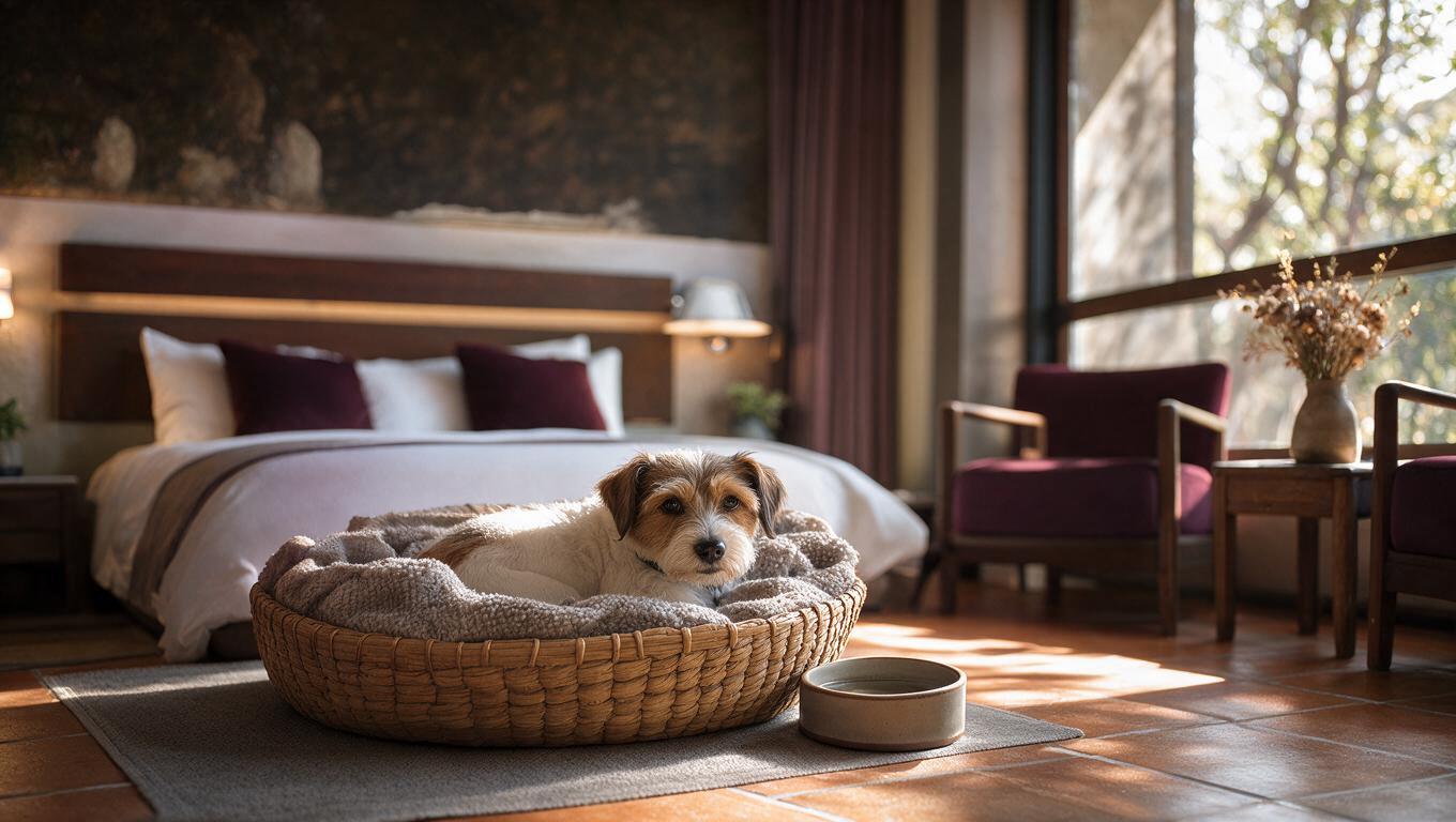 Perro en habitación de hotel diseñada para mascotas
